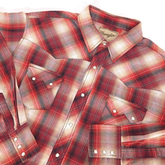 WRANGLER Western Plaid Shirt Men's XL Red Pearl‎ Snap Long Sleeve Rodeo Cowboy - Picture 1 of 14